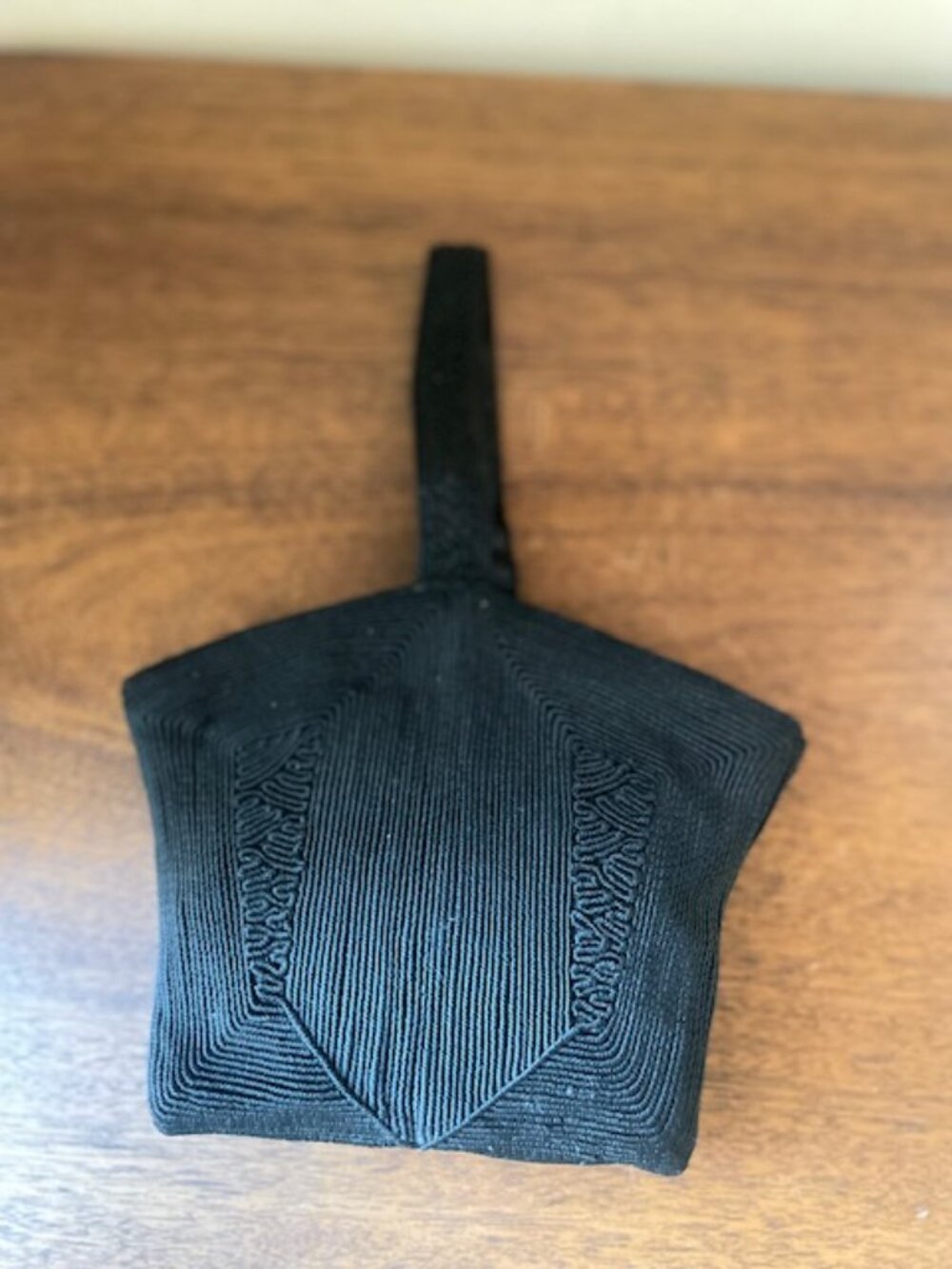 Vintage 1940s Black Corde Wristlete Bag w/ Original White Gloves & Hanky